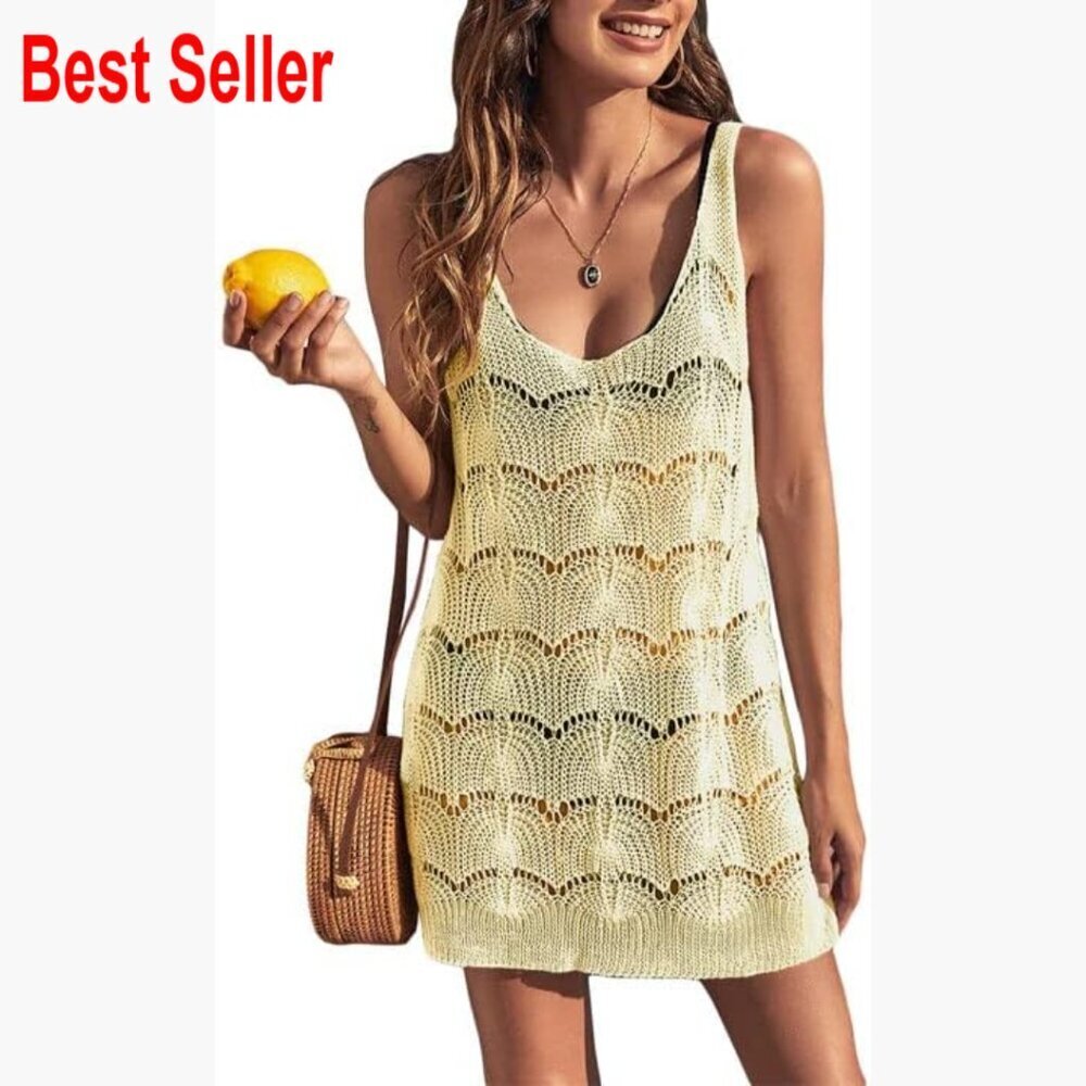 Crochet Mesh Cover Up Dress Sheer Fishnet Swimwear Beach Mini